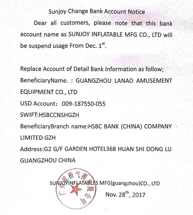 Sunjoy Change Bank Account Notice