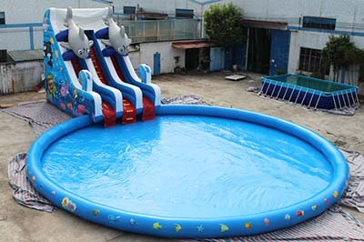 dolphin inflatable water slide with pool