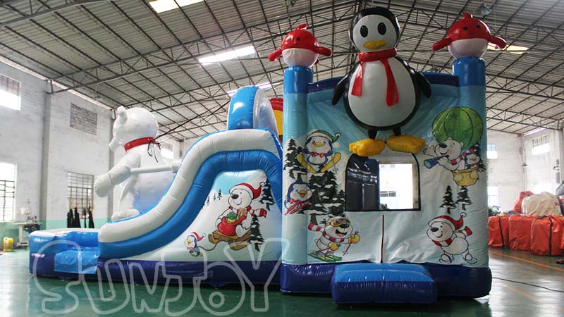 white bear bounce house with water slide front