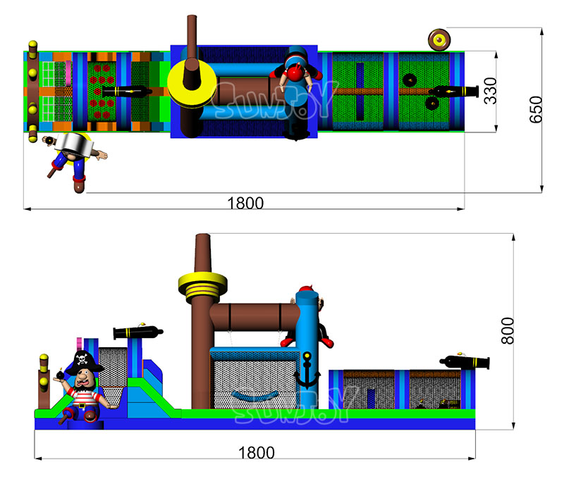 3pcs pirate obstacle course top view and side view